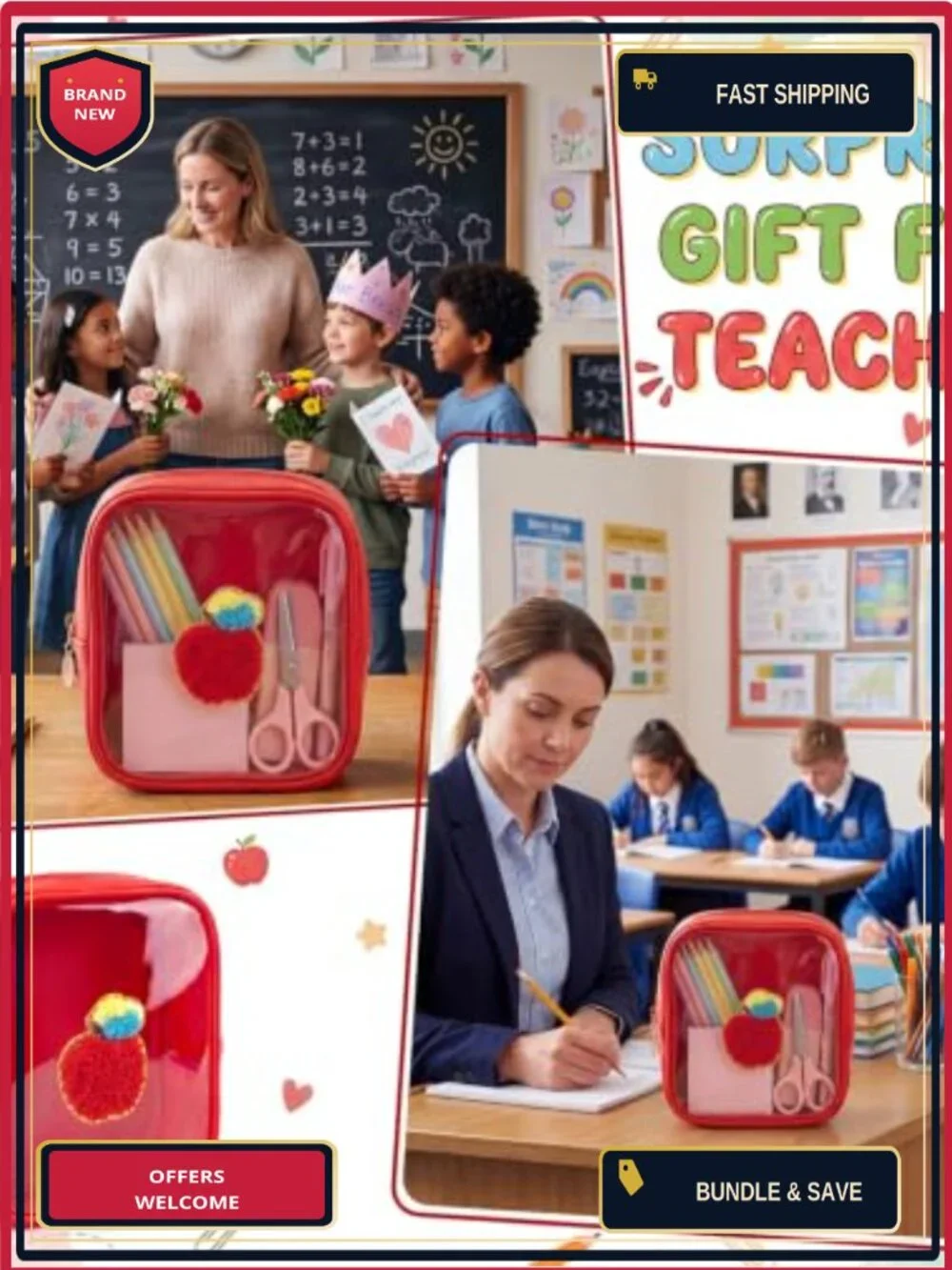 Teacher Gift Set 6 Clear Makeup Bags PVC Pouch Zipper Waterproof Cosmetic